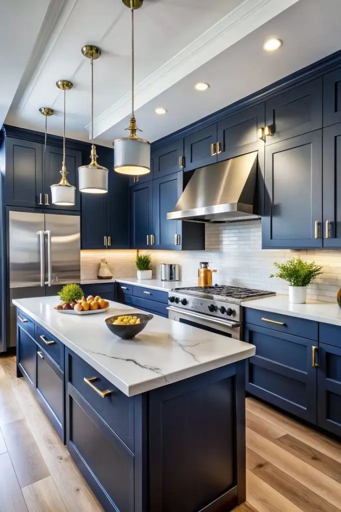 Navy blue kitchen with a marble-look island, brass hardware, and stainless steel appliances