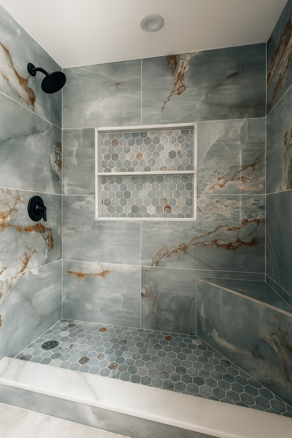 Completed blue stone-look tiled shower with niche and black fixtures by Luxe Revamp